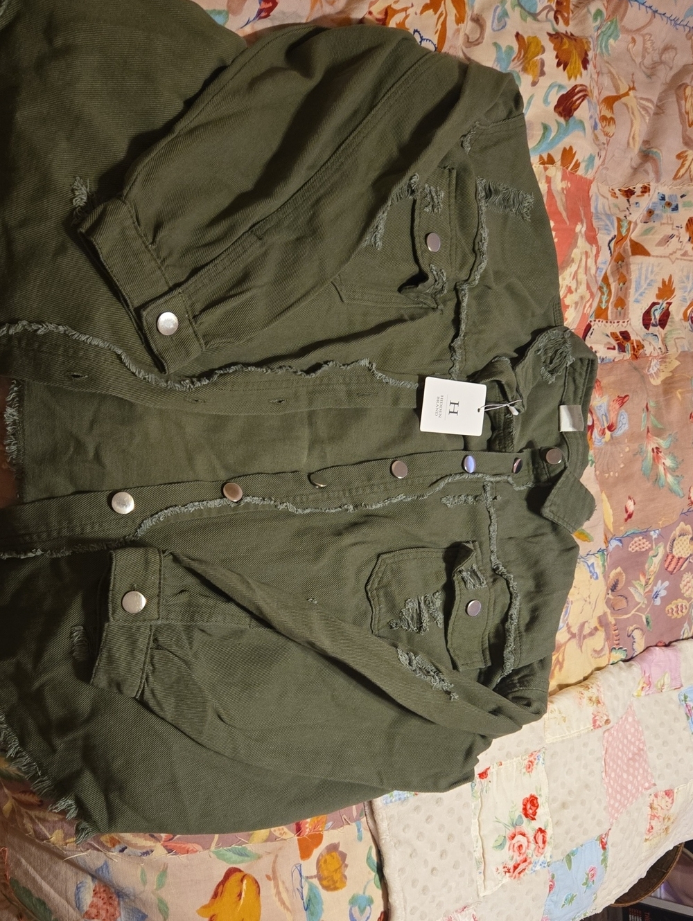 Women's Distressed Army Green Button-Up Shirt Jacket